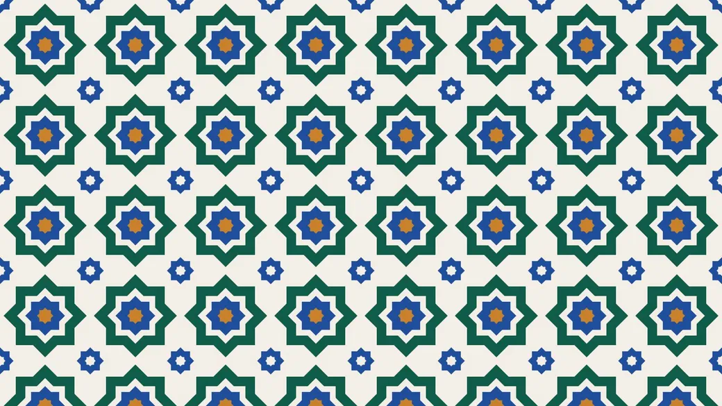 Repeating zellige pattern of green, blue and ochre eight-point stars on a cream background
