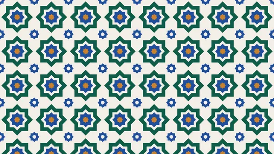 Repeating zellige pattern of green, blue and ochre eight-point stars on a cream background